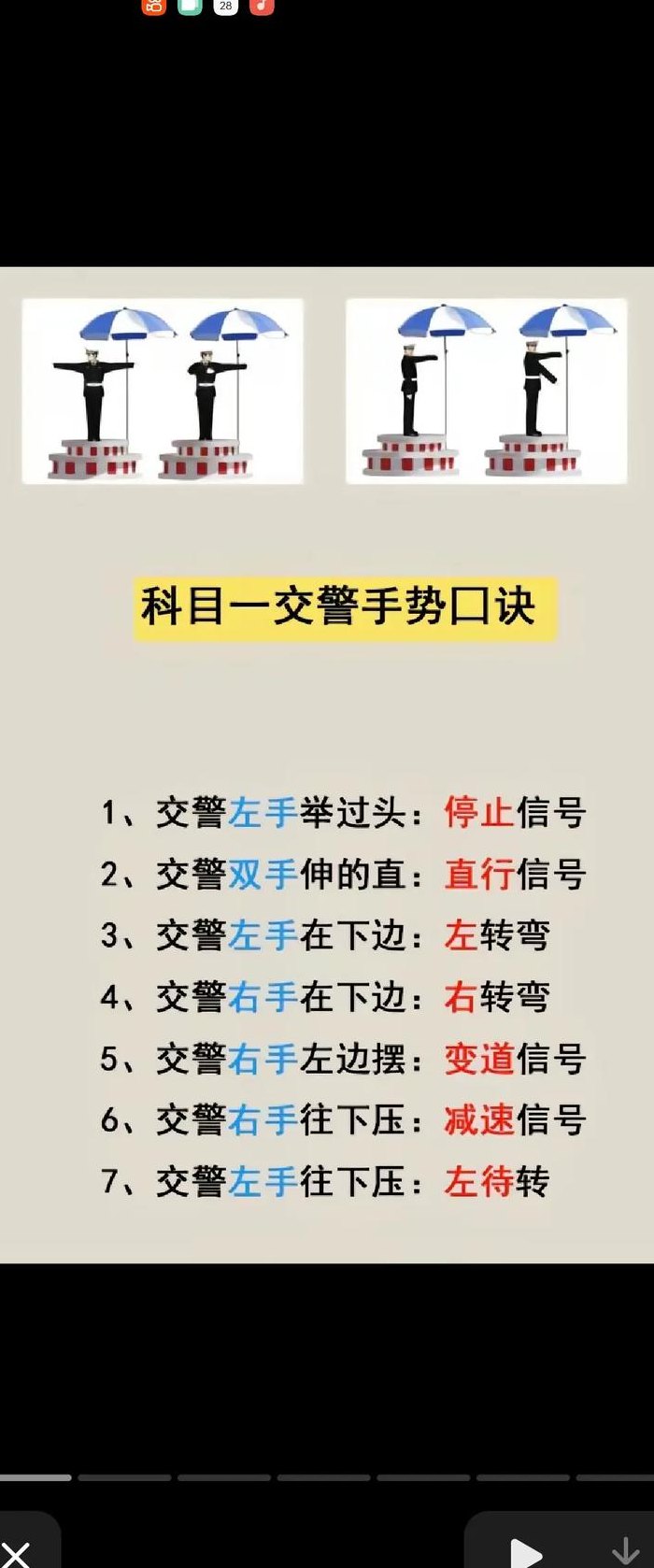 科目一交警手势图解（科目一交警手势图解8种）