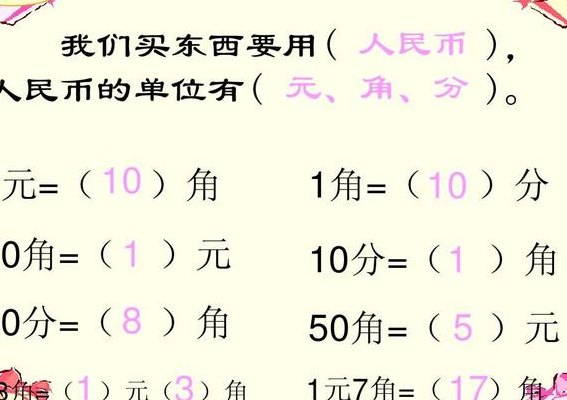 1元等于多少分（5角等于多少分）